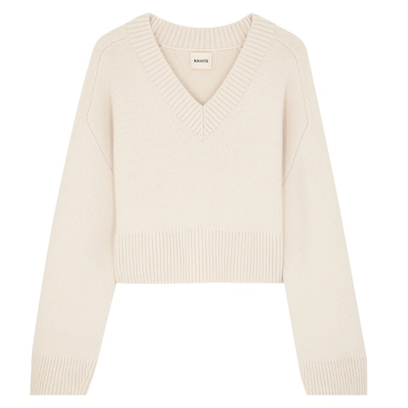 $1480 Khaite Lenina Cropped Cashmere V-Neck Sweater in Magnolia - Size L - Picture 4 of 12